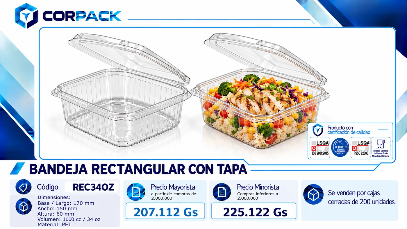 Bandeja Rectangular con Tapa REC34OZ (1000 cc)
