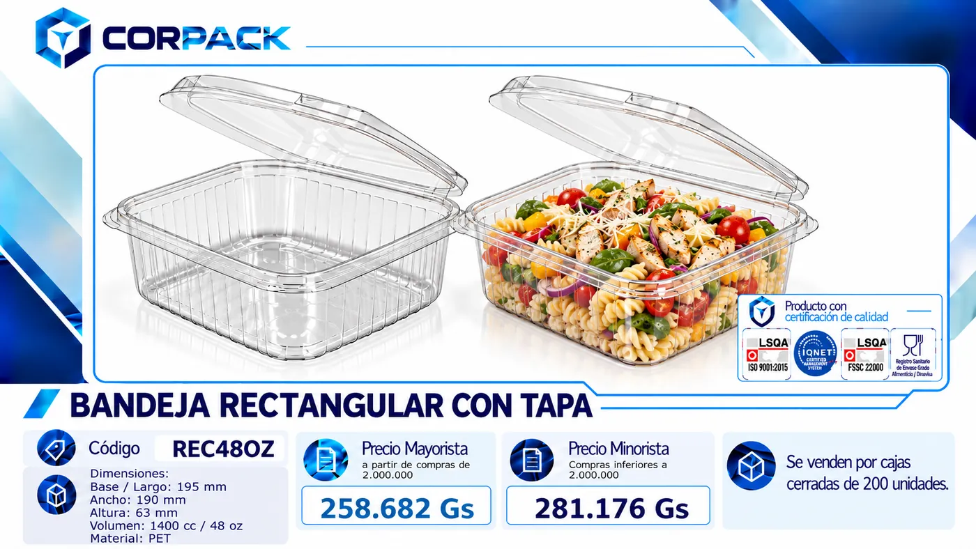 Bandeja Rectangular con Tapa REC48OZ (1400 cc)